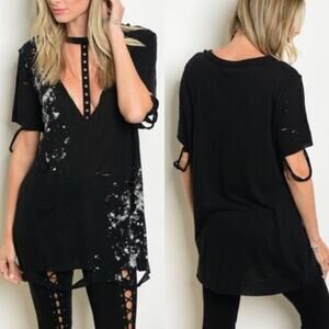 Oober Swank Womens Blouse Black Heathered Distressed Tie Sleeve Cutout S New